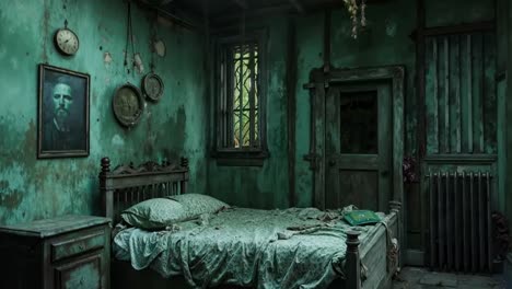 a bedroom with a bed, dresser and a clock on the wall