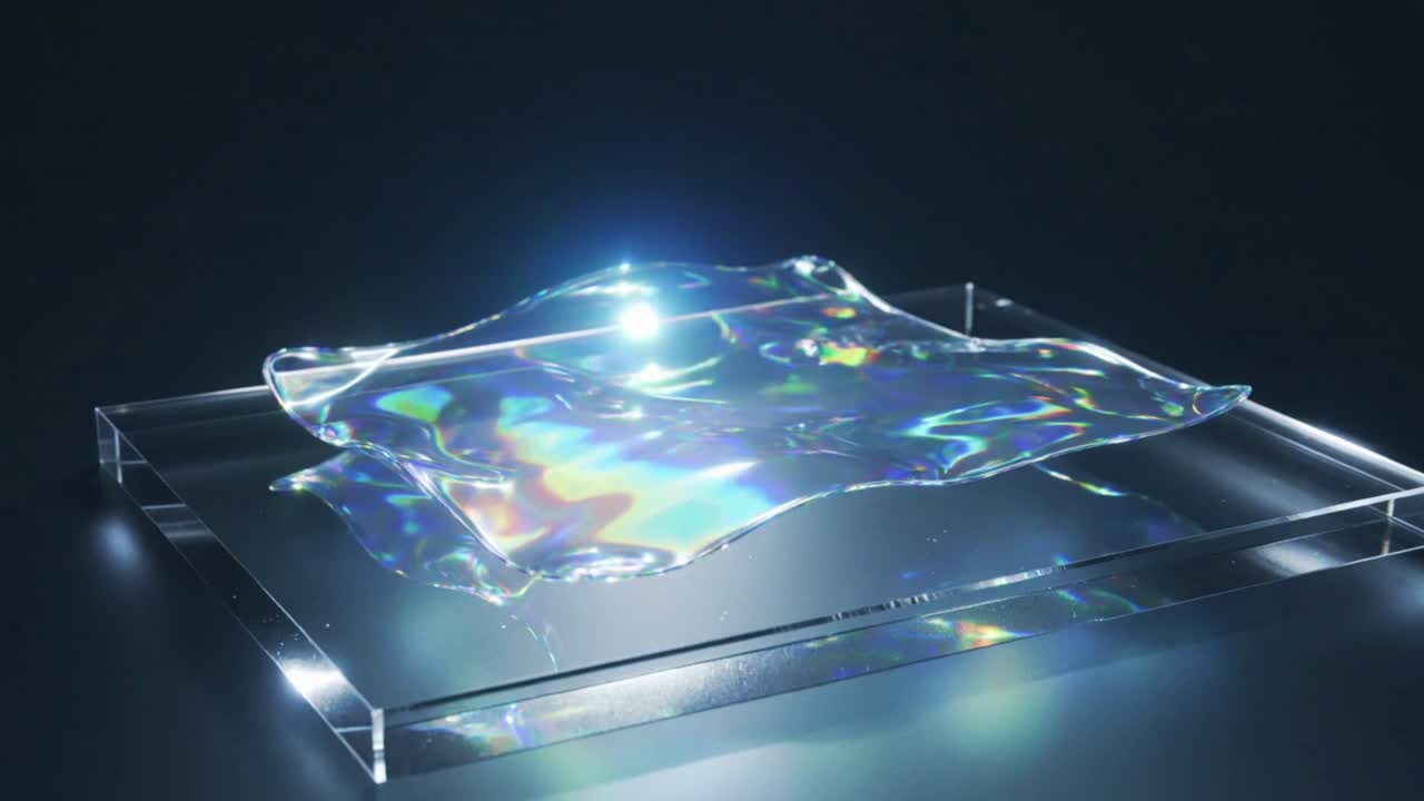 Waving iridescent sheet hovering above clear base, bright point traversing surface, peg fixed