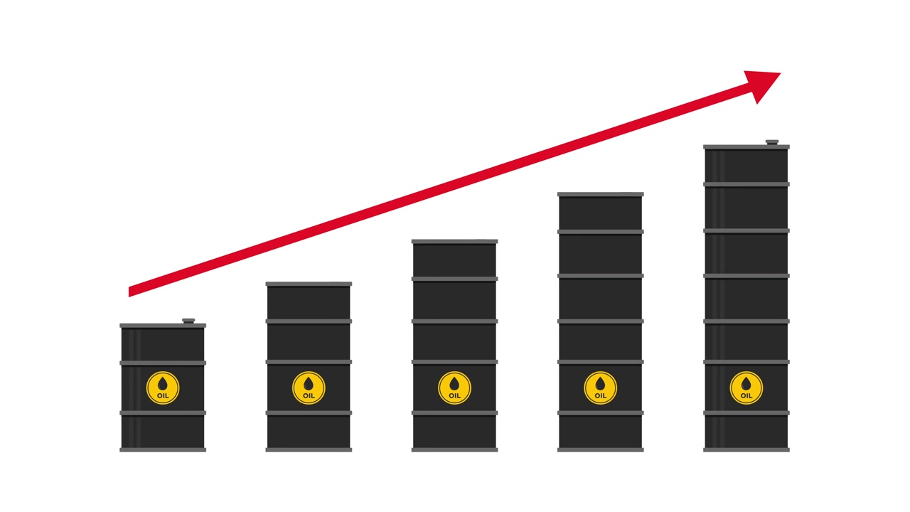 Animated Oil Barrels Forming a Bar Chart with Upward Trend