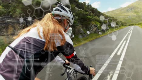 Animation-of-molecule-structures,-computer-language-caucasian-female-cyclist-riding-bicycle-on-road