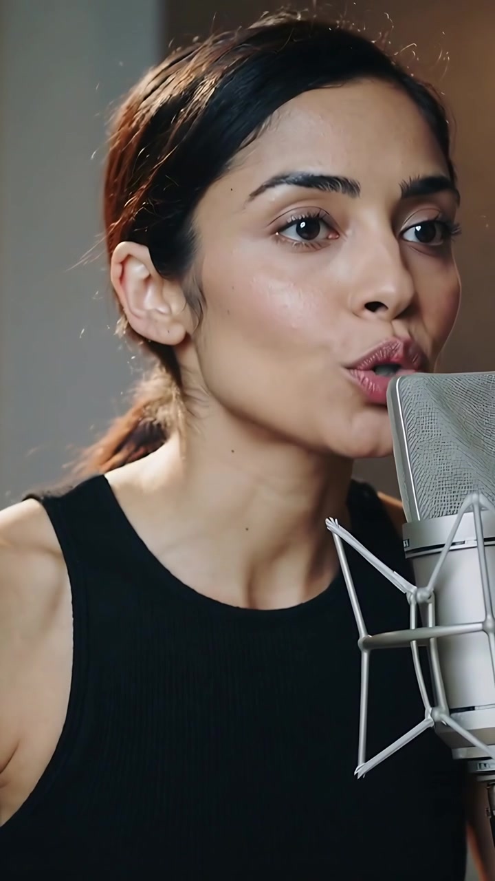Video verticale: Vocalist indiano/a che inizia una frase e si esibisce in una ripresa in studio, usando un microfono e un top nero.