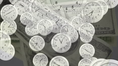animación de relojes que hacen tic-tac sobre billetes de divisas en dólares estadounidenses.