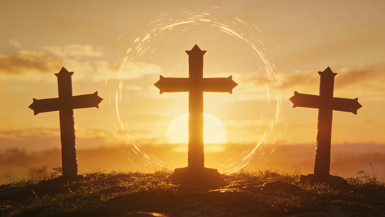 Controluce su tre croci di legno su un crinale ventoso, con il sole che si sposta dietro la croce centrale e un alone che cresce