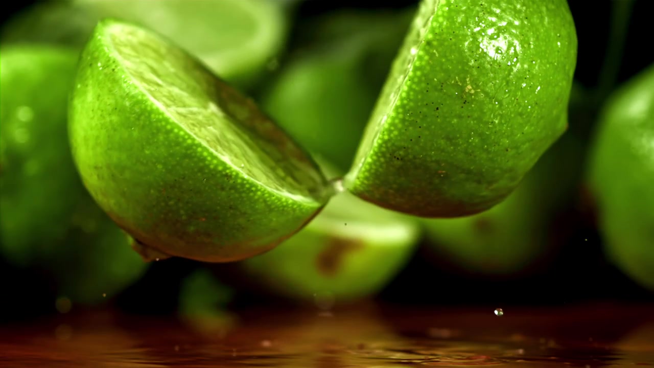 Slow Motion of a Fresh Lime Being Cut and Splashing Water