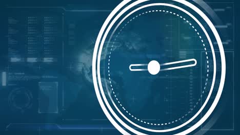 animación del reloj sobre la interfaz con el globo y el procesamiento de datos contra un fondo azul