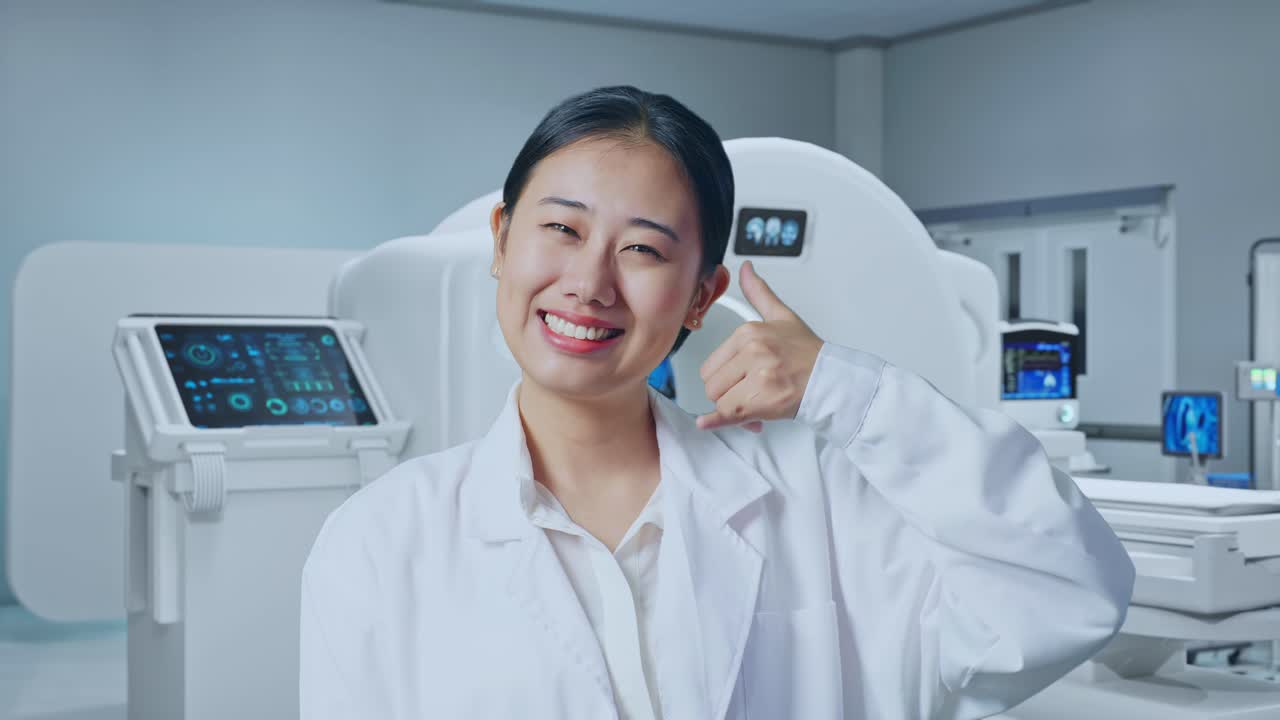 Close Up Of Asian Woman Doctor Showing Call Me Gesture And Smiling With Mri Machine In The Hospital