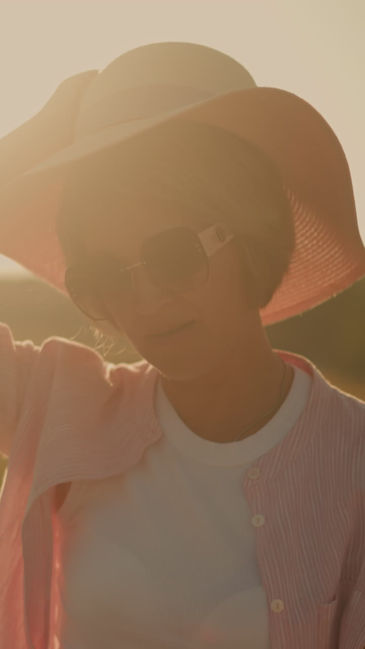 색 폴로 위에 선글라스와 분홍색 줄무 셔츠를 입은 중년 여성, 은 날 동안  모자를 입고, 빛은 따뜻하고 반이는 효과를 만들어, ბუნ적 배경이 흐릿합니다.