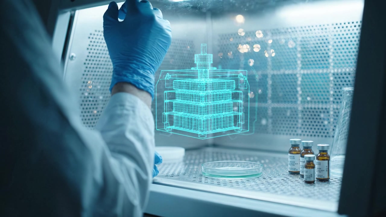 Futuristic Laboratory Experiment: Scientist Using Advanced Technology to Manipulate Virtual Models in a Containment Chamber with Various Vials of Potential Solutions