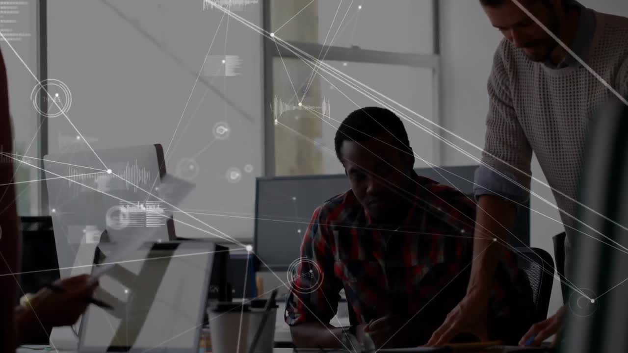 Animation of network of connections over business people in office