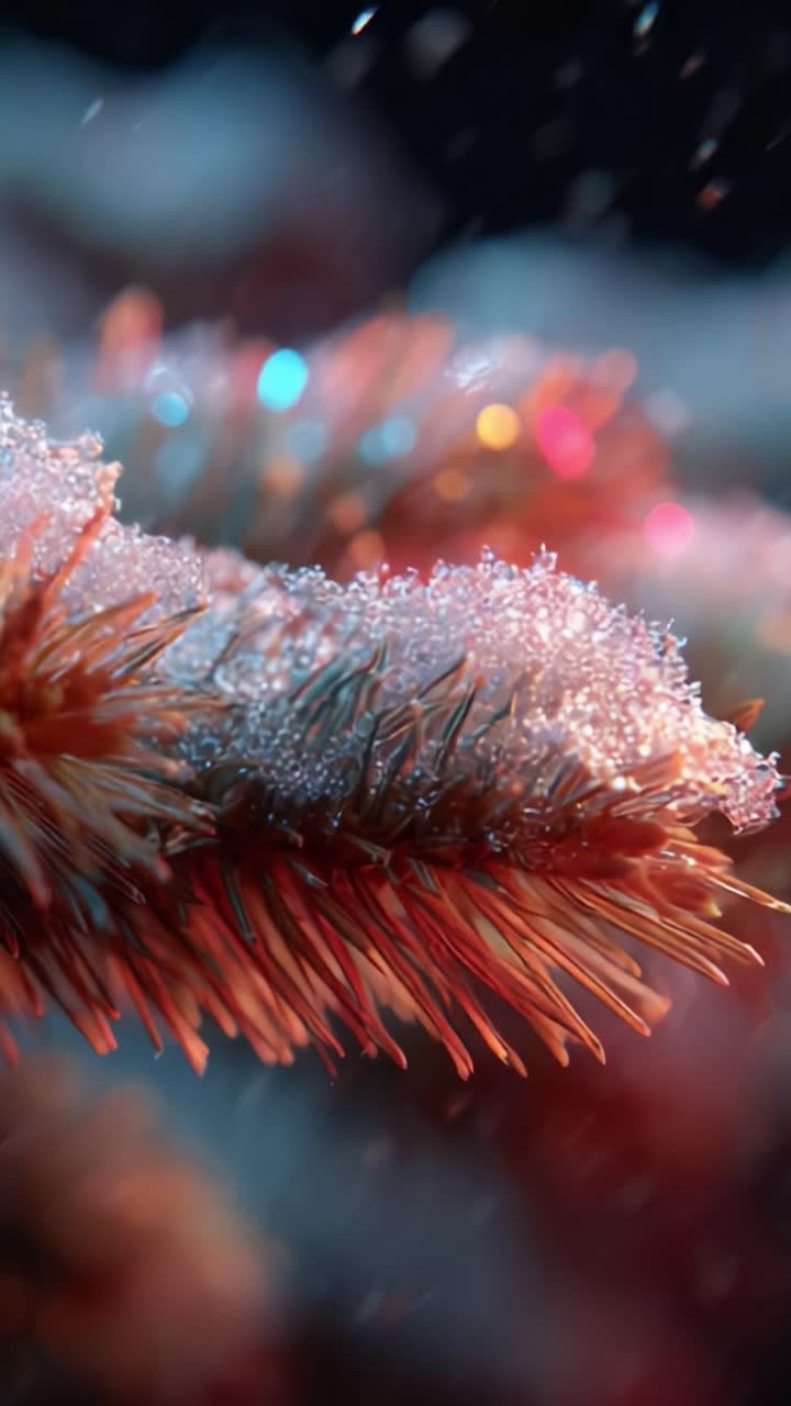 Una vista ravvicinata di aghi di pino ghiacciati che scintillano tra luci colorate, creando un'atmosfera da paese delle meraviglie invernale con neve scintillante e colori di sfondo vivaci.