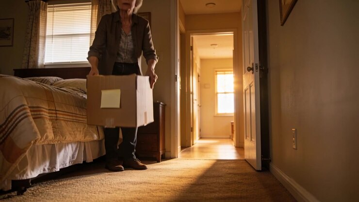 Packing senior woman wearing cardigan loading box at bed, carrying to sunlit hallway to move items