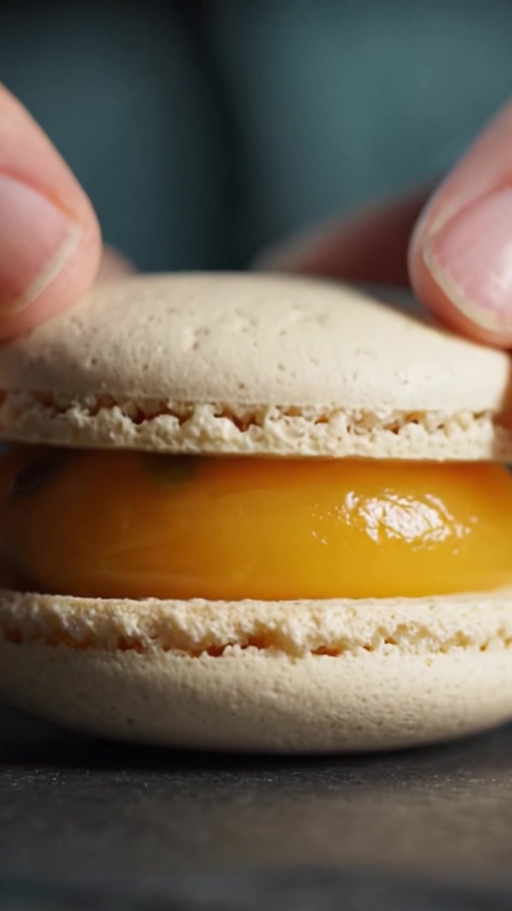 Deliciously Crafted Macaron with a Rich Passion Fruit Filling, Showcasing the Perfect Balance of Texture and Flavor in Each Layer of this Sweet Treat.