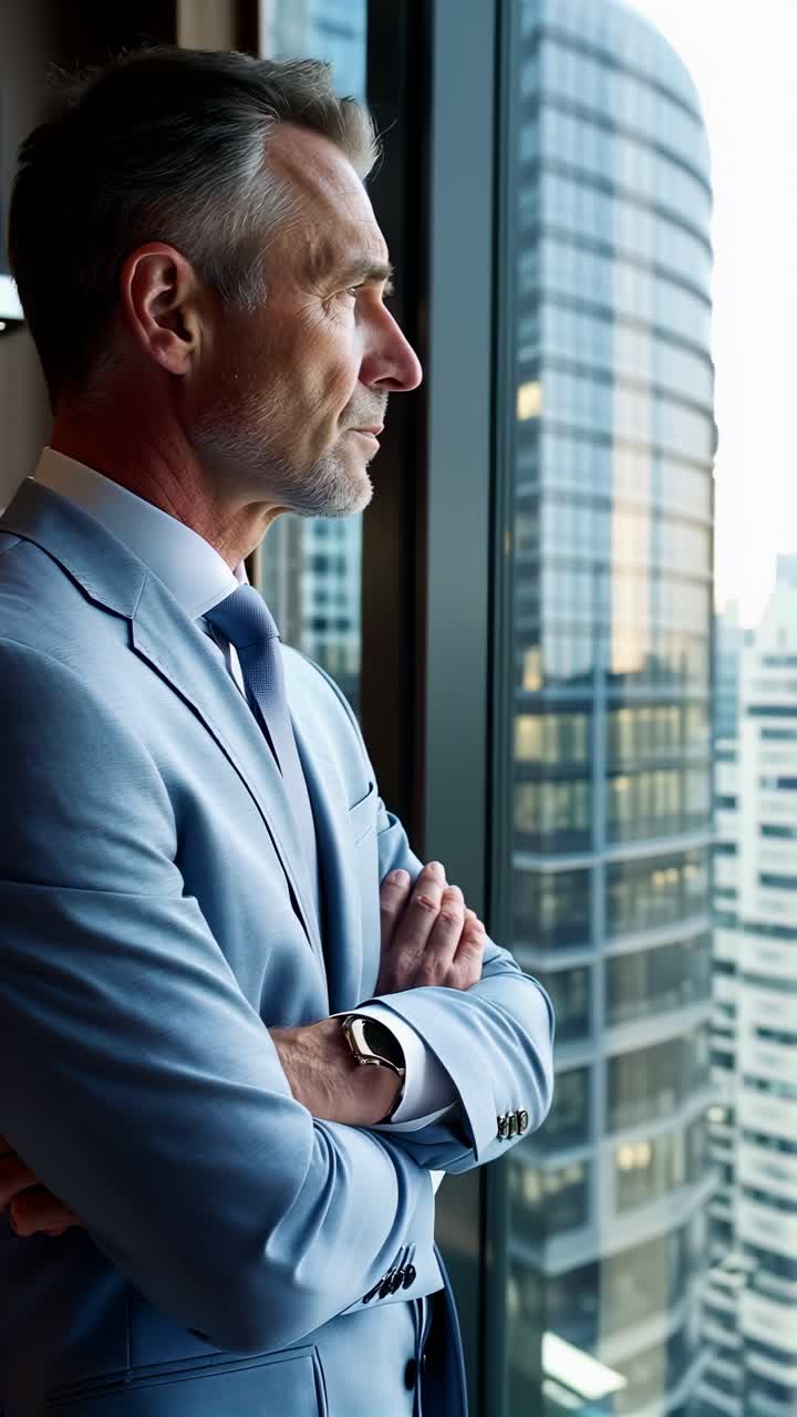 A man in a blue suit is looking out a window at a city.