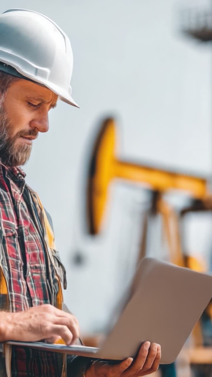 A Professional Worker Analyzing Data on a Laptop in an Oil Field Environment, Reflecting the Integration of Technology in Traditional Industries