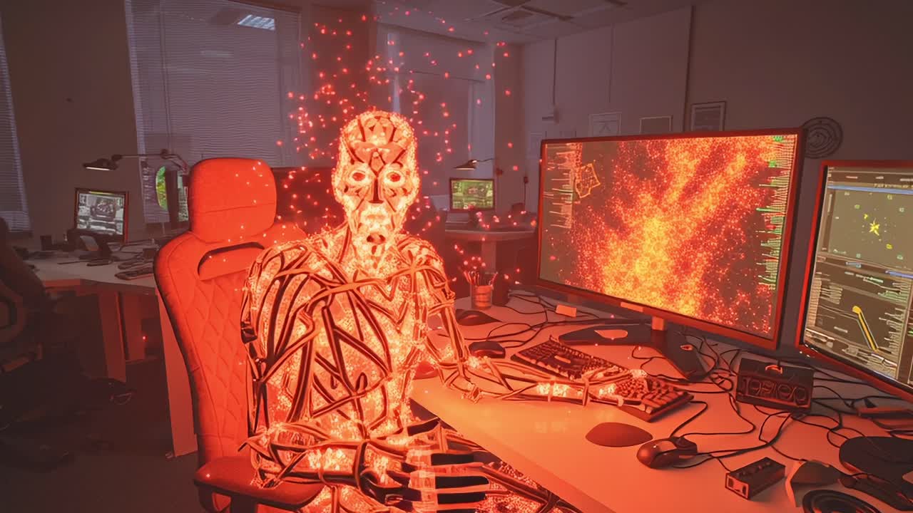 A futuristic humanoid figure composed of glowing particles engages in advanced computing within a high-tech office filled with multiple screens displaying intricate data visualizations