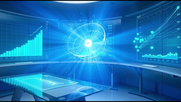 Futuristic Data Control Room with Holographic Interface and Analytics