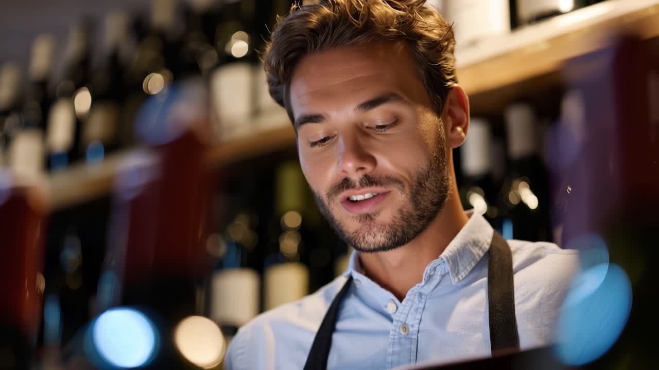 Attraktiv bartender fokusert på menylesing. Myk belysning fremhever hans rolige, oppmerksomme uttrykk. Uskarpe flasker skaper en varm, innbydende baratmosfære. Ideell for forretning, gjestfrihet