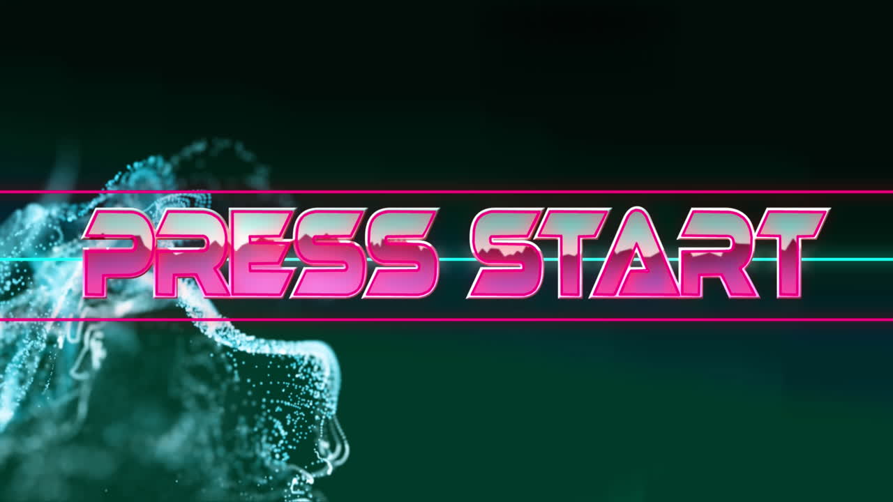 녹색 배경에 반이는 파란색 디지털 파도 위에 인쇄 시작 텍스트 배너의 애니메이션