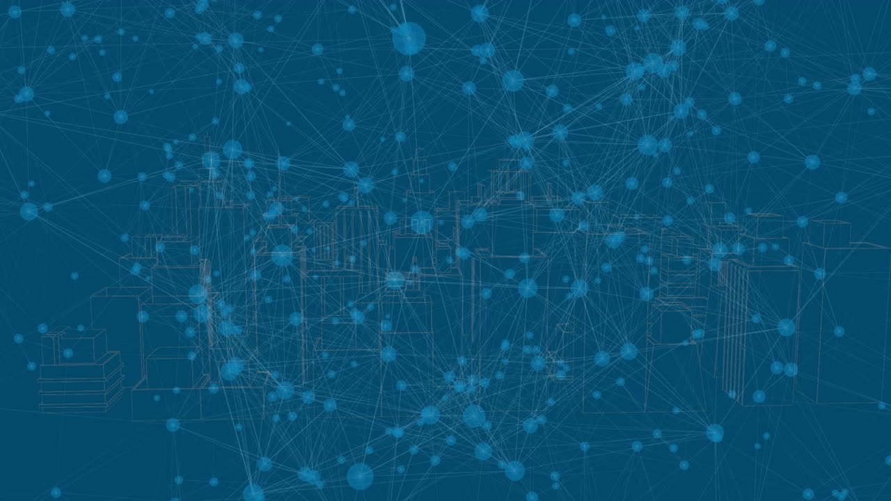 Animation of network of connections over digital city on blue background