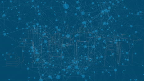 animación de la red de conexiones sobre la ciudad digital sobre fondo azul