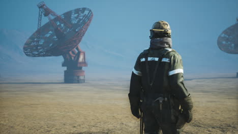 worker in protective gear surveys large satellite dishes in remote location