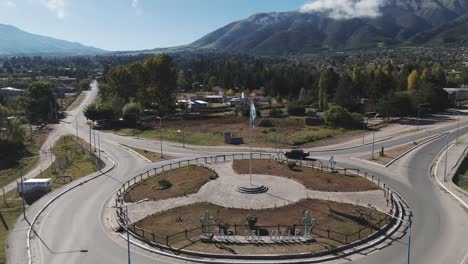 Aerial-view-of-the-roundabout-at-the-entrance-to-the-town-of-Tafí-del-Valle-in-province-of-Tucuman,-Argentina