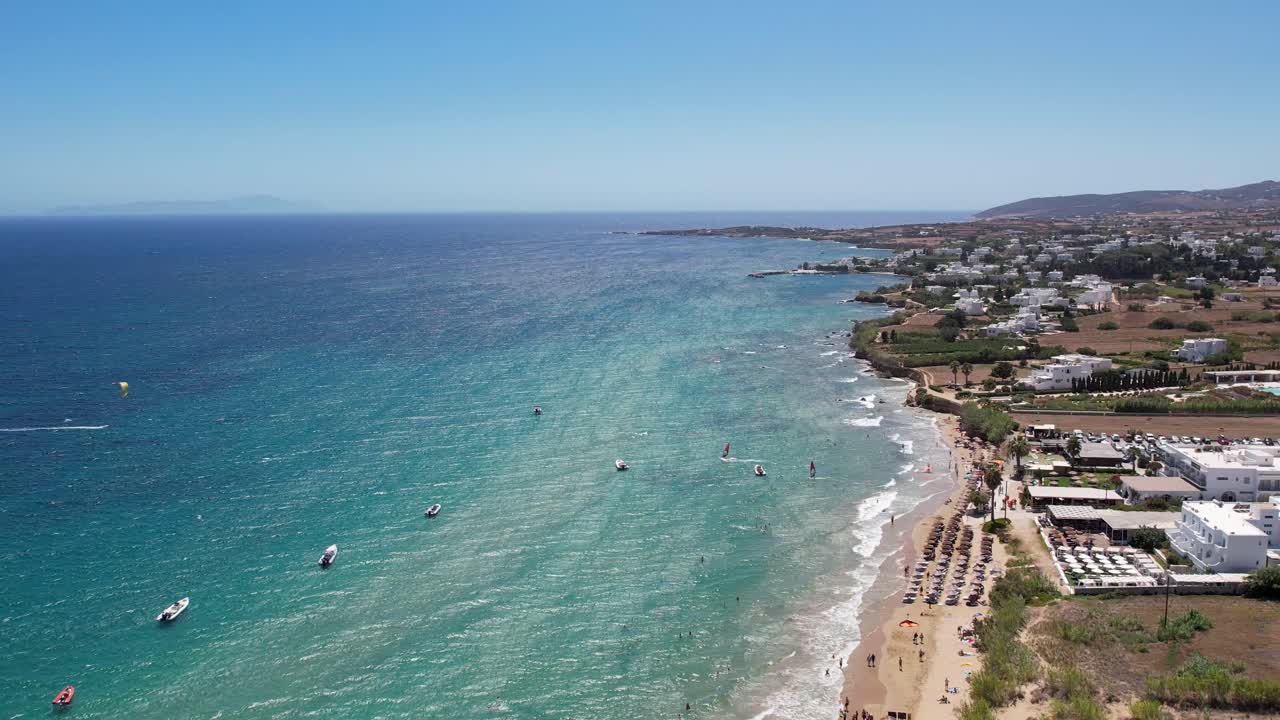 Aerial views from over Golden Beach on the Greek Island of Paros. One of the most famous Kite Surfing and Wind Surfing locations in the world.