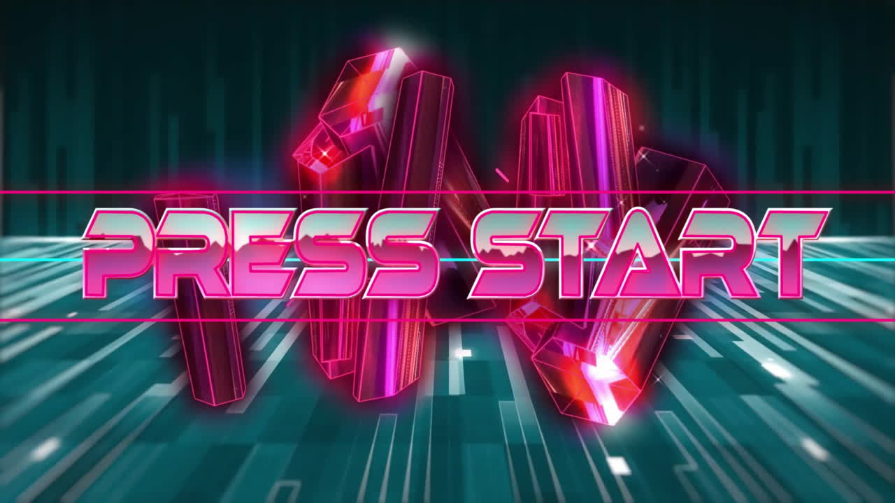 Animation of press start text and red crystals over gray shapes