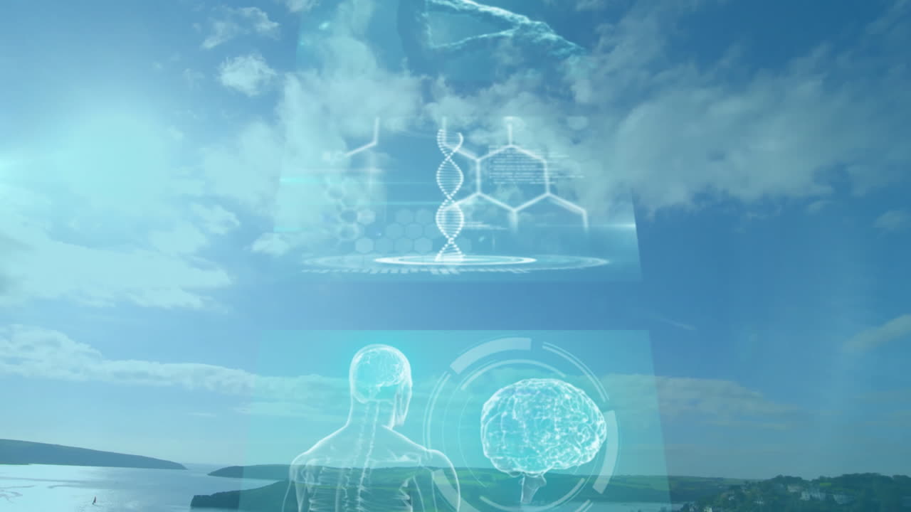 Animación de cadena de ADN y holograma cerebral sobre un paisaje pintoresco con nubes