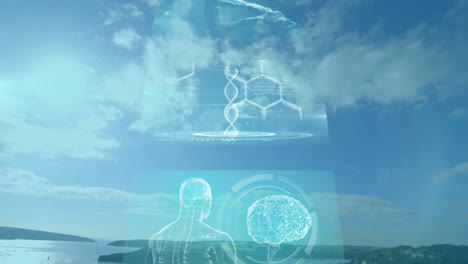 Animation of DNA strand and brain hologram over scenic landscape with clouds