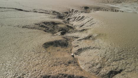 Mud-bank-at-low-tide-with-partially-buried-old-tire-and-deep-tributaries