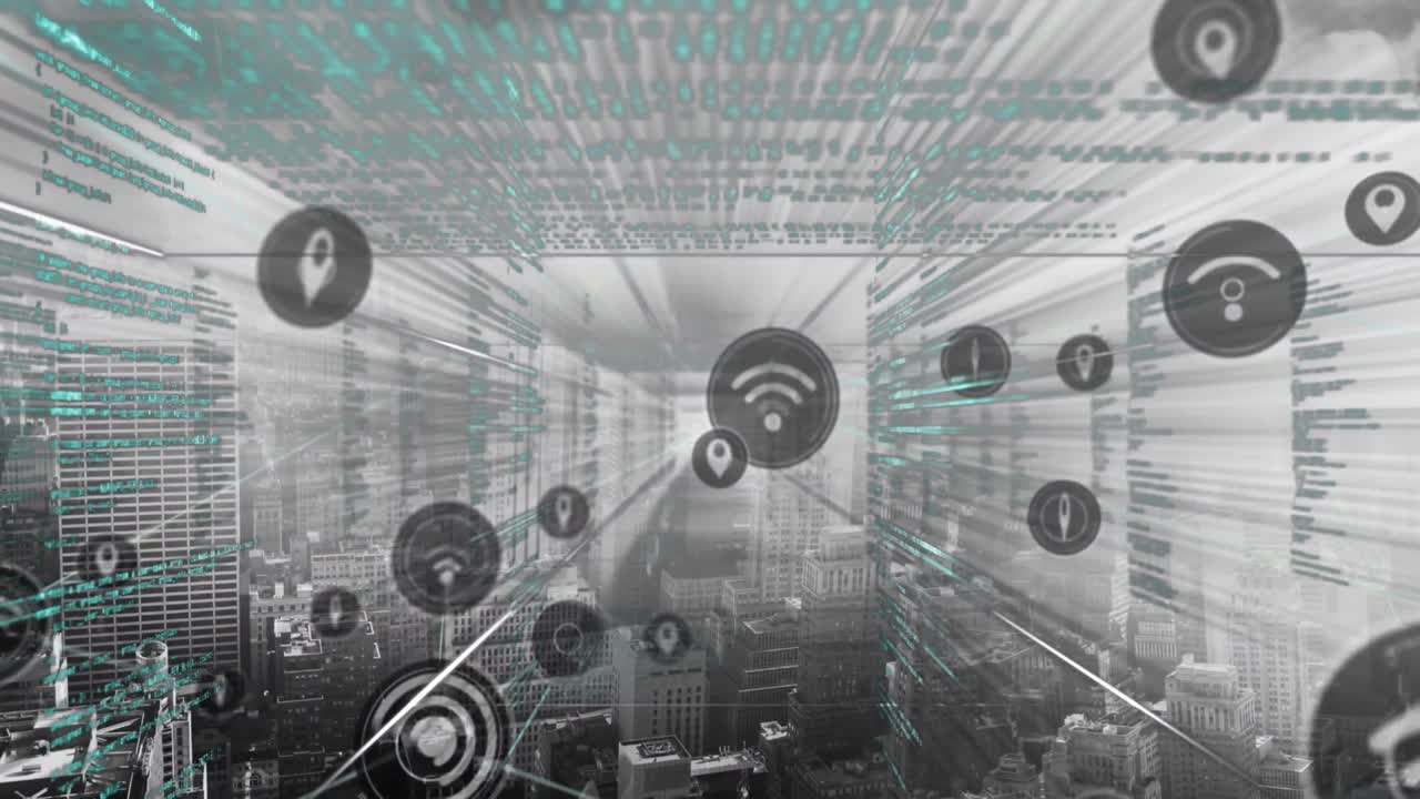 Animations of network of connections with icons over data processing on grey background