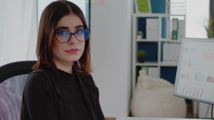 Portrét ženy s prací v podnikání sedící u stolu