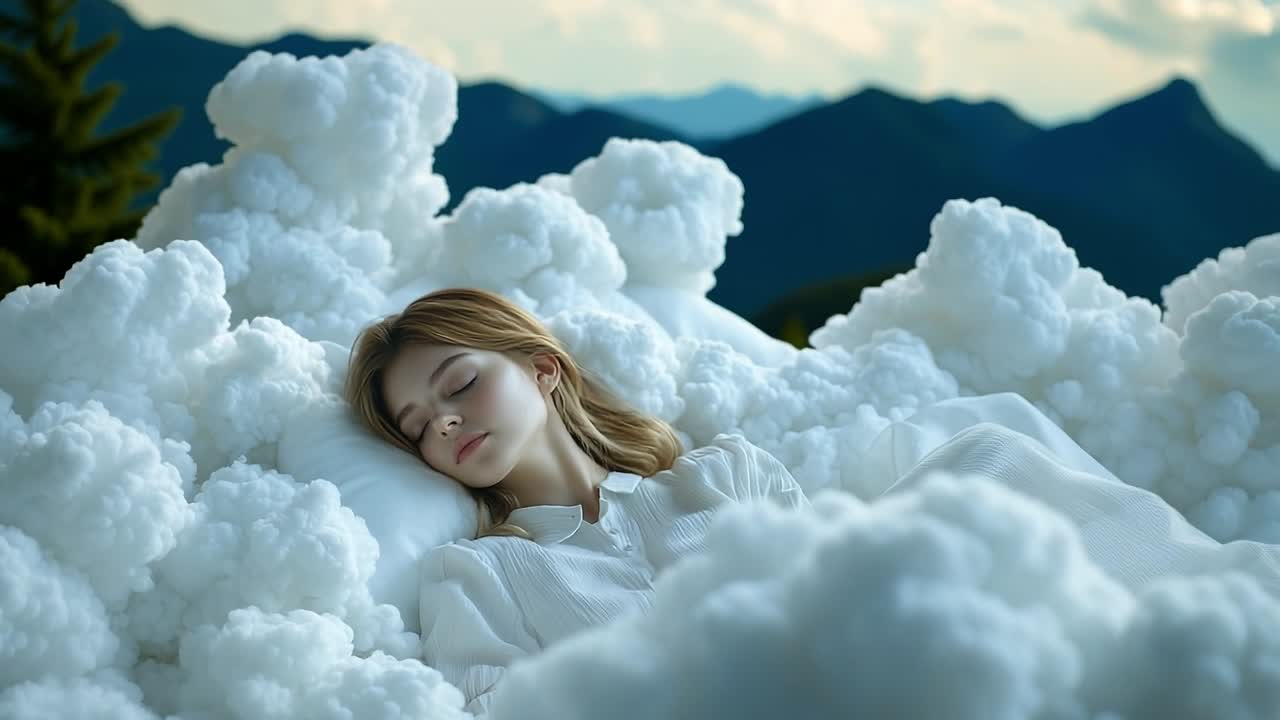 Dreaming on soft, fluffy clouds. A young woman peacefully sleeps on a fluffy cloud bed, surrounded by soft, white clouds and mountains in the background.