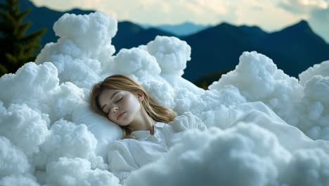 dreaming on soft, fluffy clouds. a young woman peacefully sleeps on a fluffy cloud bed, surrounded by soft, white clouds and mountains in the background.