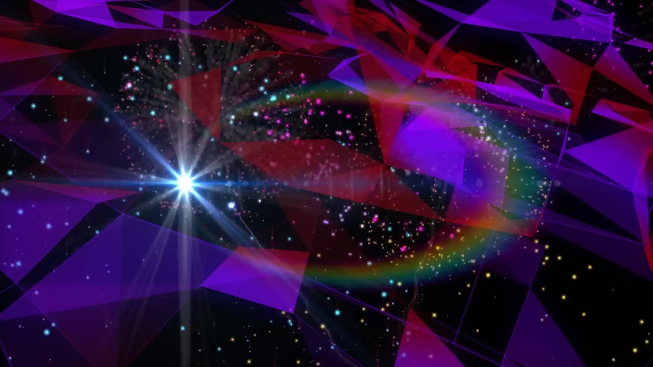 Una singola scintilla brillante che genera scariche, emettitori che spruzzano, anelli che si muovono, panoramica che mostra un modello low-poly