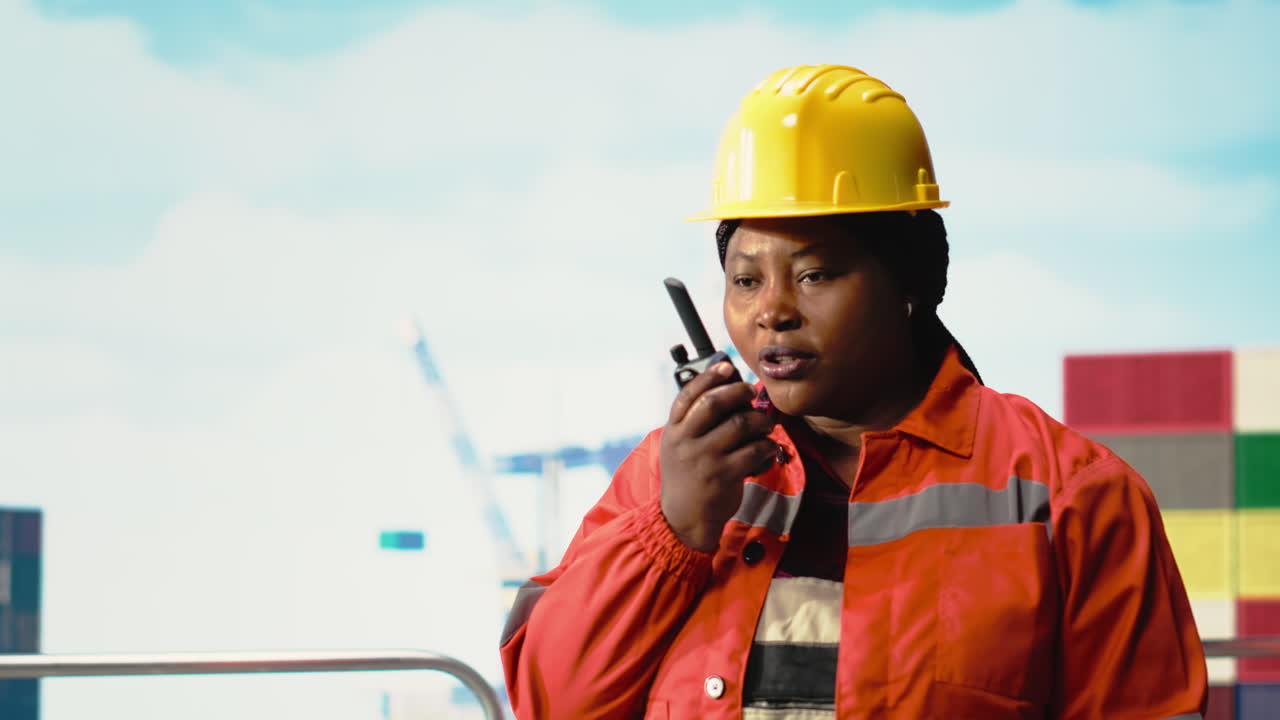 Vertical video Portrait of smiling drilling rig expert talking in walkie talkie