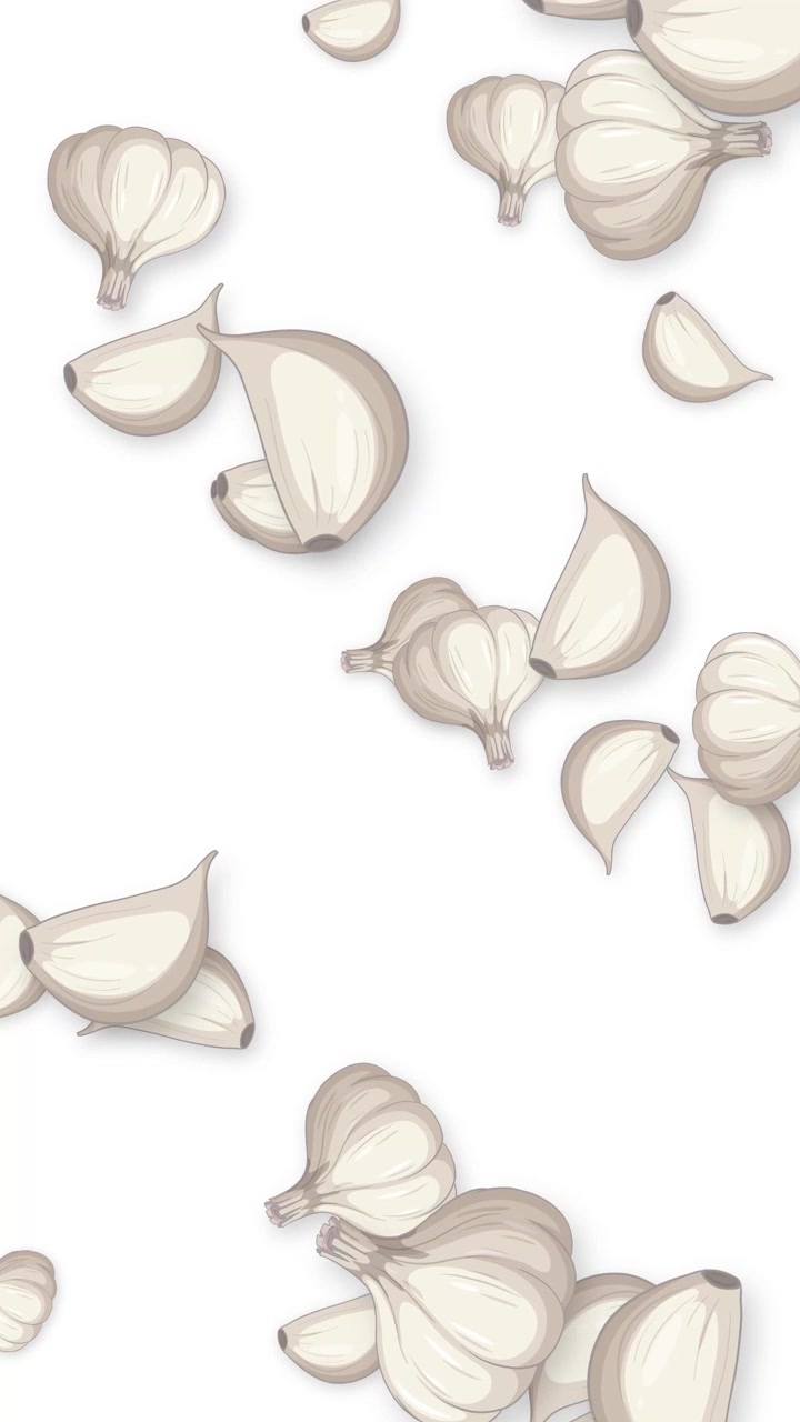 Bulbi e spicchi d'aglio stilizzati che cadono continuamente su uno sfondo bianco pulito in verticale