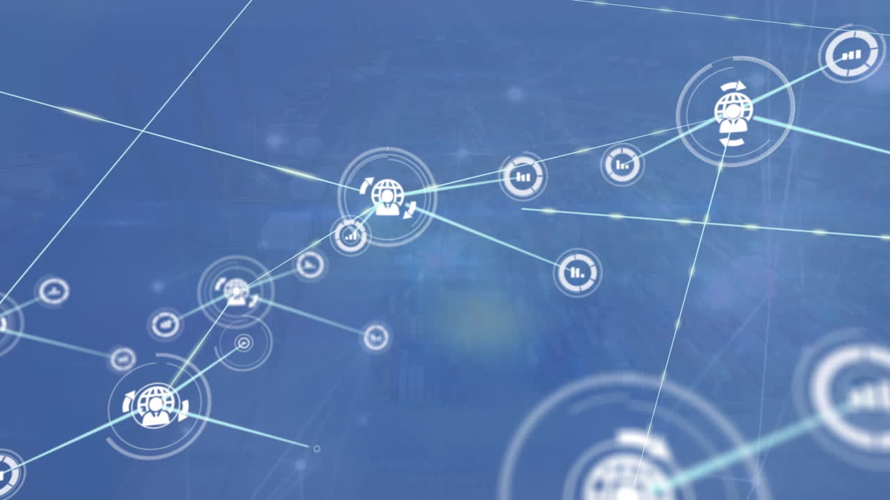 animación de iconos conectados sobre puntos conectados iluminados contra un cielo nublado en el fondo