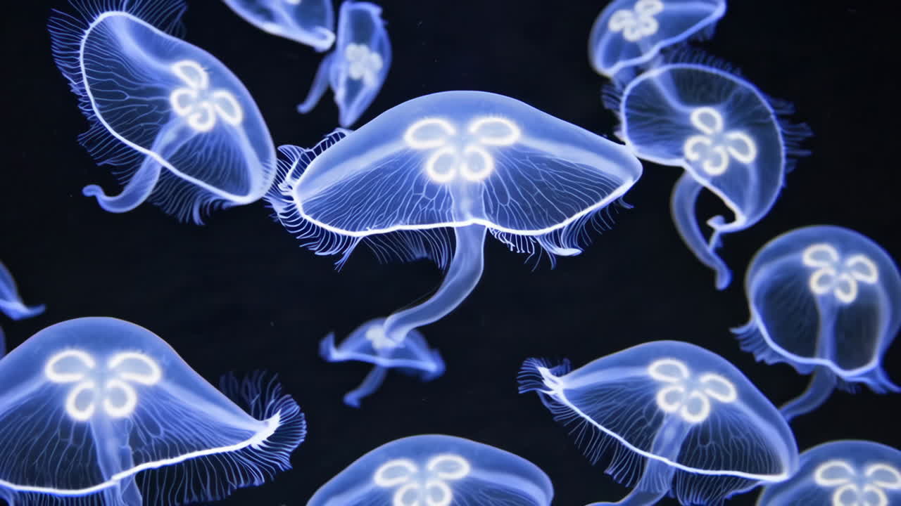Luminous Blue Jellyfish in Dark Water