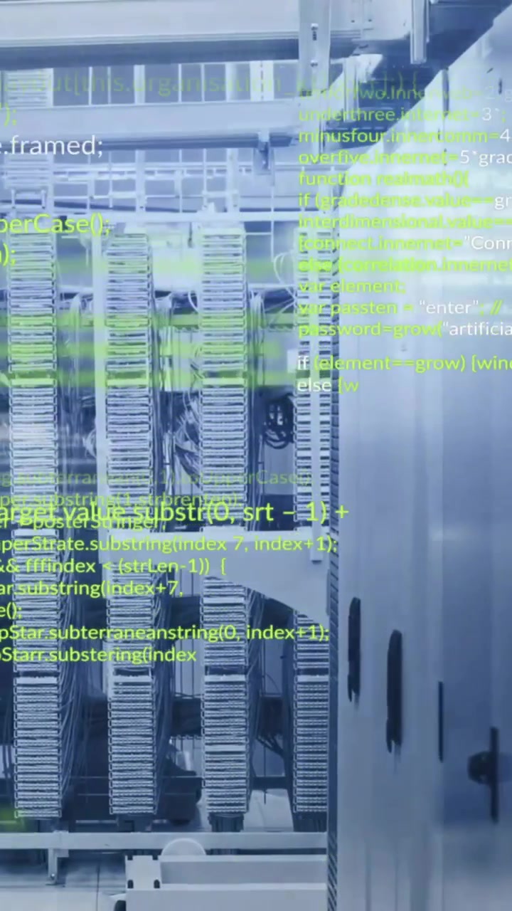 Animation of layers of yellow and white text data processing over server room
