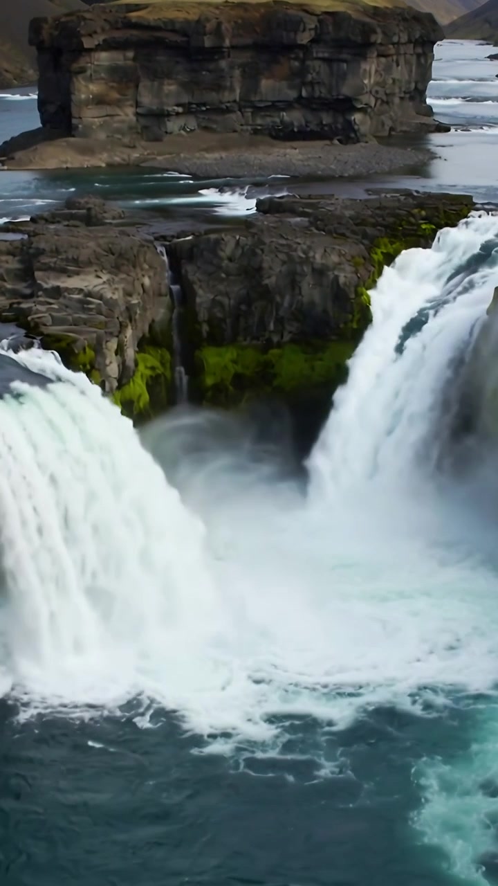Video verticale: Telecamera in movimento che si inclina verso il basso nel canyon per rivelare due cascate gemelle e una persona con una giacca rossa.