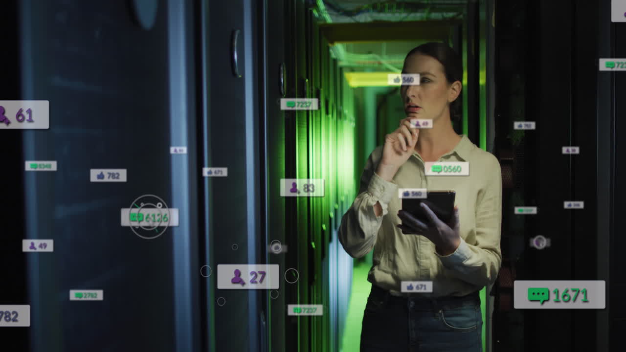 animación de iconos de redes sociales sobre una ingeniera caucásica que usa una tableta digital en la sala del servidor