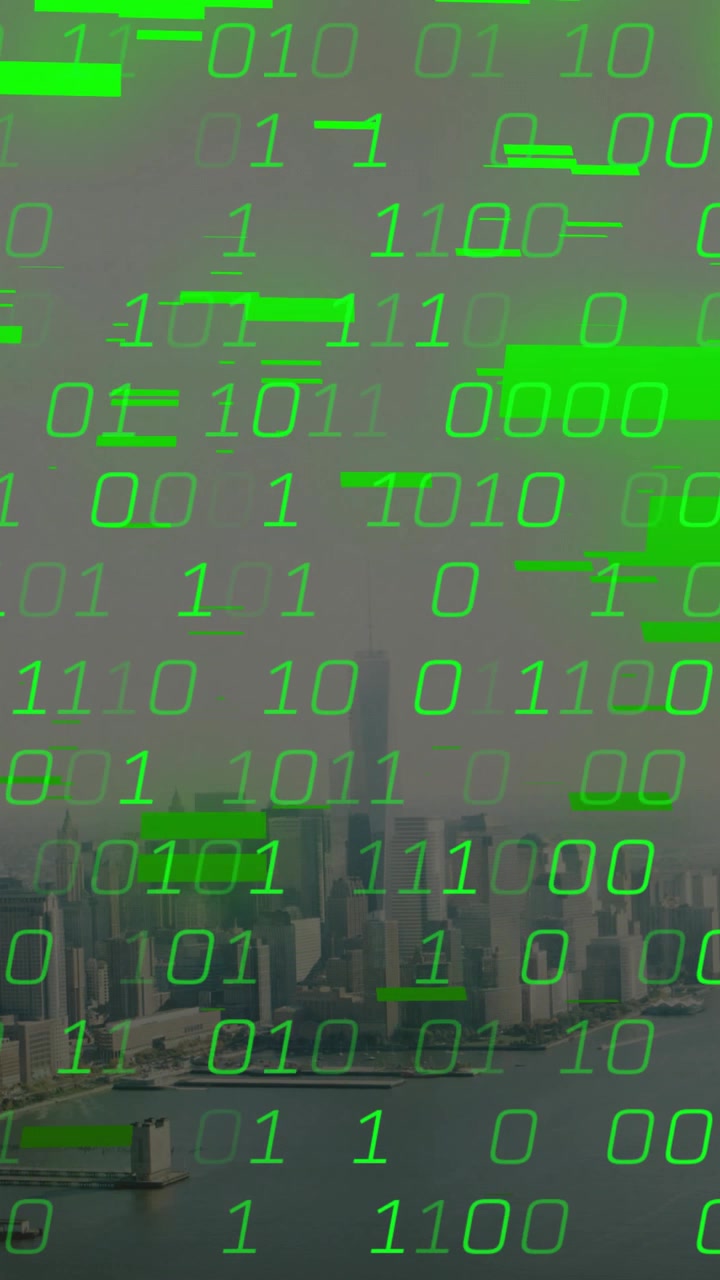 Vertical video: Binary digits cascading over urban skyline after glitch, showing data saturation
