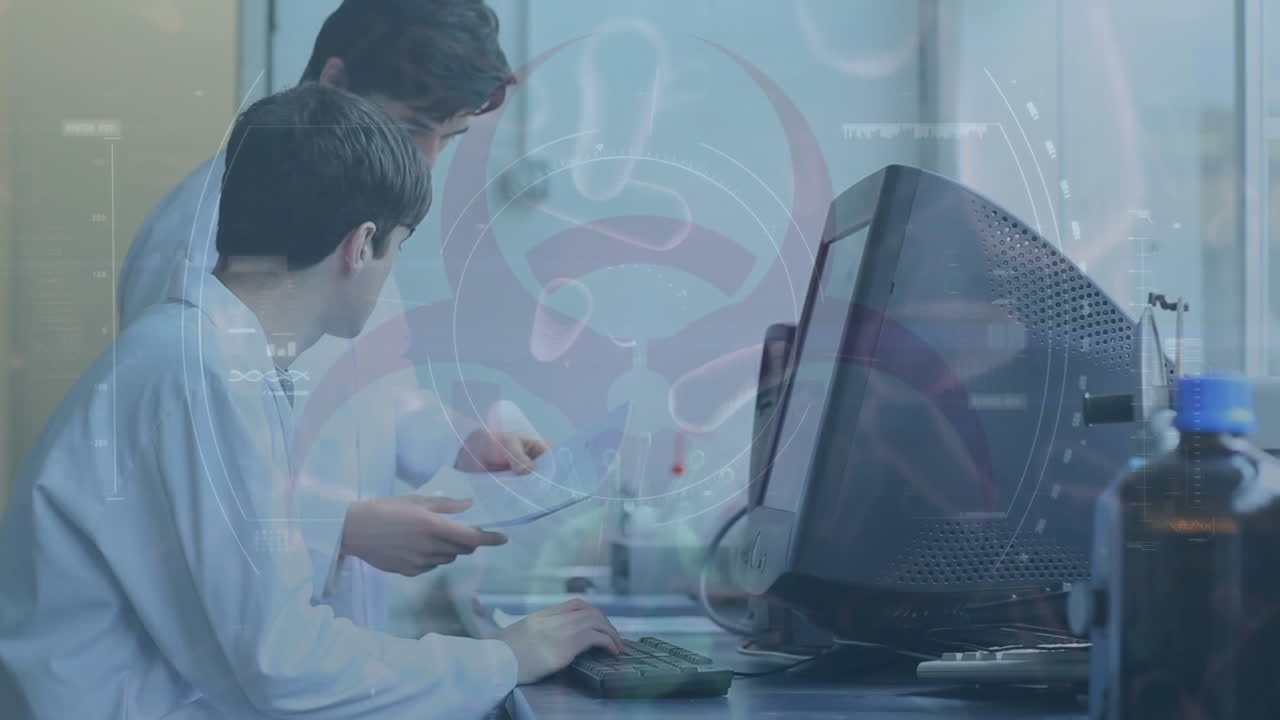 Animation shows health hazard and Covid-19 spread with scientists working in a lab.