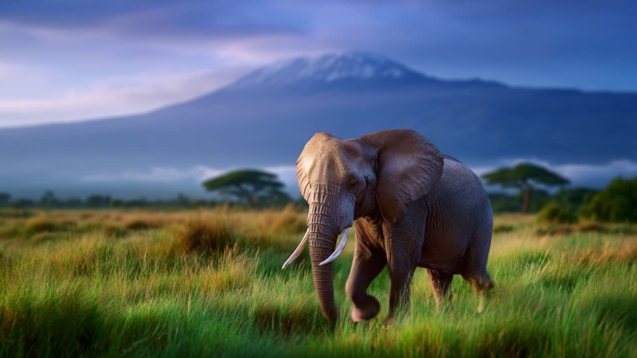Majestic Elephant Roaming Through Lush Grasslands Under a Beautifully Lit Mountain Landscape, Showcasing Nature's Splendor in a Tranquil Setting