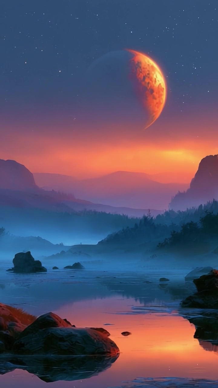Uno Splendido Paesaggio Celeste con un Maestoso Pianeta Sopra Che Si Riflette in un Fiume Sereno Circondato da Montagne Nebbiose al Crepuscolo