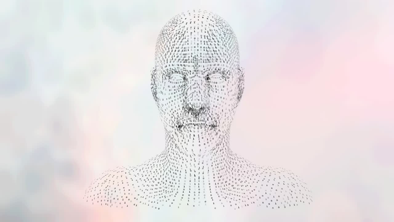 animación de la cabeza humana formada con partículas grises que giran sobre el fondo de las nubes