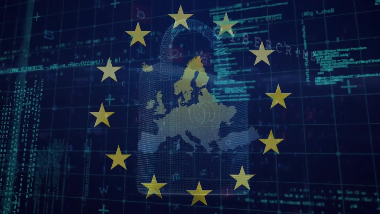 Animazione di un lucchetto, elaborazione dati e bandiera dell'UE