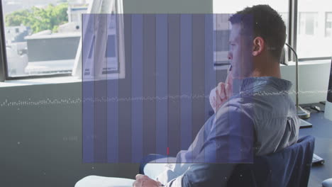 animación de gráficos sobre el hombre caucásico pensativo silla giratoria y mirando a través de la ventana